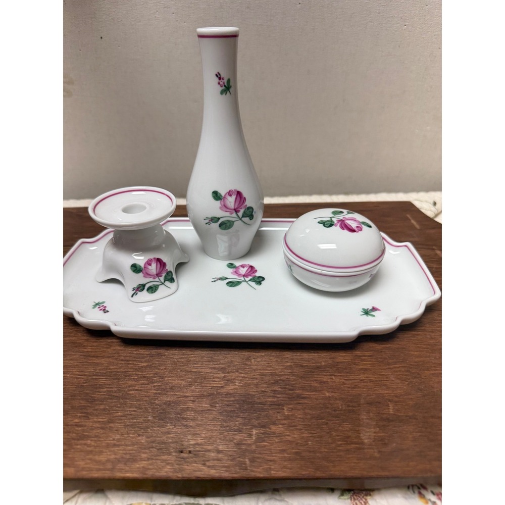 Augarten Wien Viennese Rose Porcelain Vanity Set Tray Vase Trinket Box 4pc - Picture 2 of 7